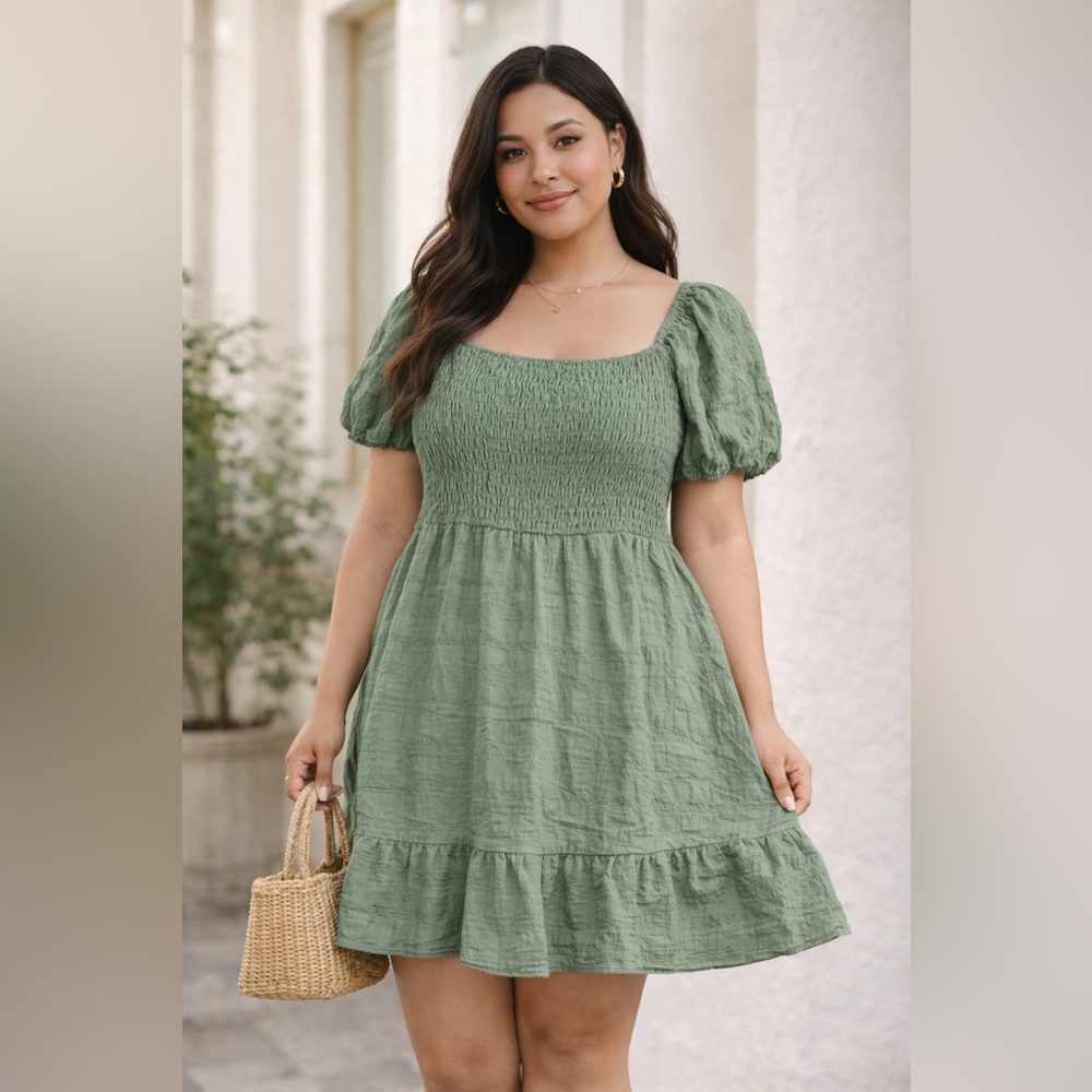 Lily Rose Smocked Mini Dress XL Cottagecore Coquette Sage Green Puff Sleeve